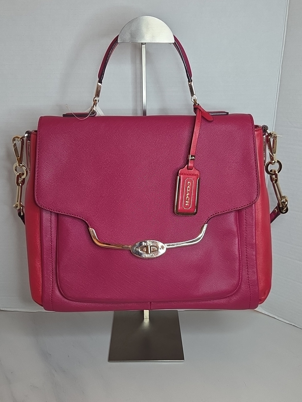 Coach Magenta Leather Turnlock Satchel with Gold Hardware